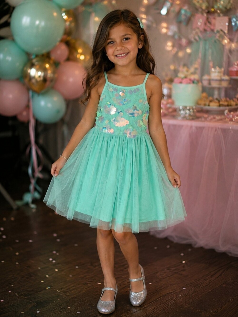 Justice Mint Green Sequin Tulle Dress - Girls